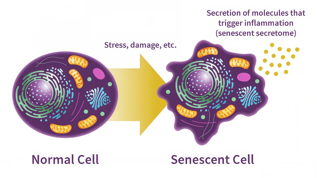 Stress or damage changes a normal cell into a senescent cell that secretes molecules associated with inflammation